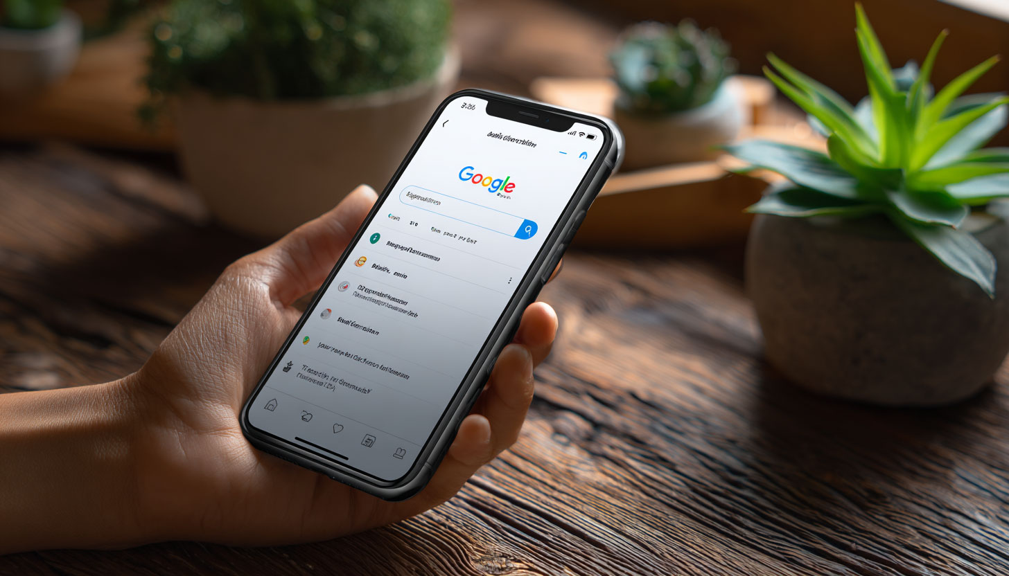 Hand holding a phone showing a Google search